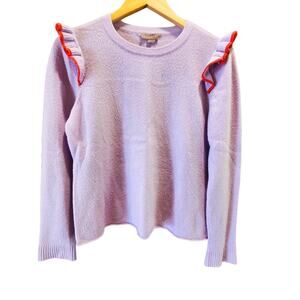 Lilla P Cashmere Contrast Ruffle Pullover Sweater Purple L